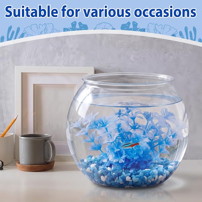 1 Gallon Plastic Fish Bowl,Blue,Blue Aquatic Plant | with Artificial Plastic Plant and 1lb Decorative Gravel, Clear Round Goldfish Fish Tank for Table Centerpiece Home Decor