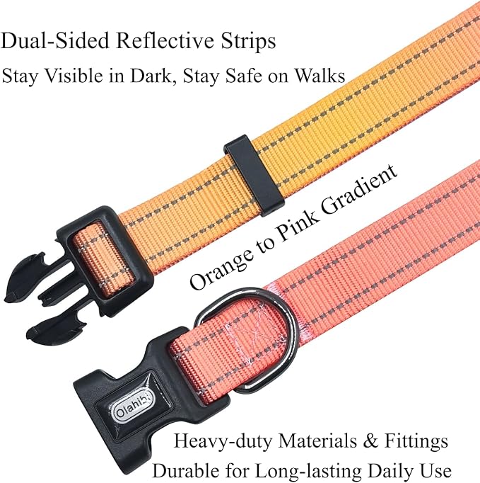 Dog Collar Leash Set, Gradient Color, with Safety Reflective Strips, 5 ft Matching Leash, Neoprene Padded Handle, Adjustable 4 Sizes for Small Medium Large Dogs.(XS, Orange Pink)