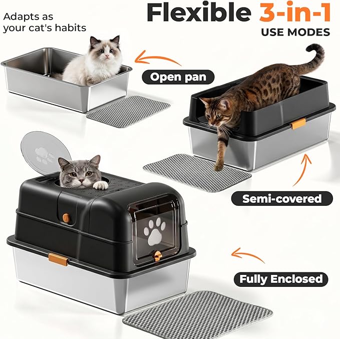 24″Lx16″Wx15″H Non-Stick Stainless Steel Litter Box with Lid, No-Mess Odor Control Anti-Leak Cat Litter Box, 3-in-1 Fully Enclosed High-Sided Litterbox with Flip Top (Black)