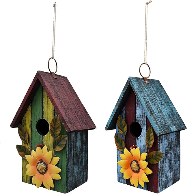 Morning View Wooden Bird Houses for Outside Set of 2 Decorative Hanging Nest Box Birdhouse Spring for Outdoor Small Birds Bluebird Finch Cardinals Wren Garden Yard 9.37 Inch Tall