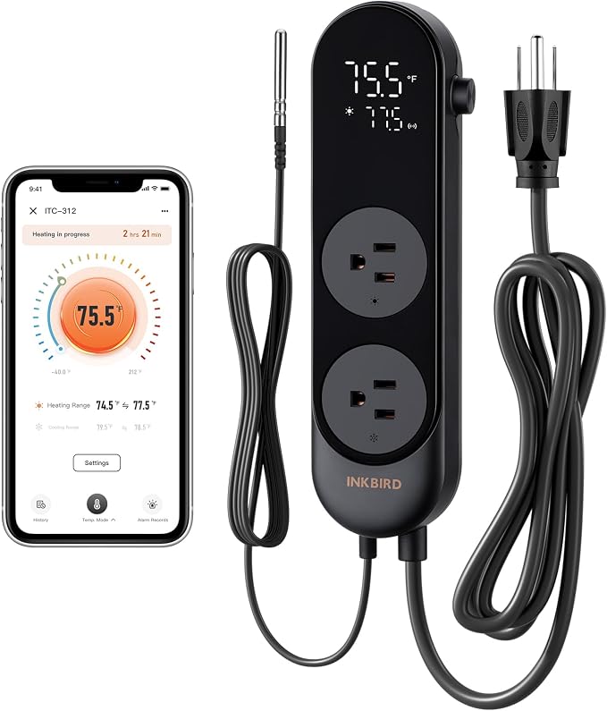 INKBIRD Bluetooth Digital Temperature Controller 1200W Heating Cooling 2-Stage Outlet Thermostat Controller Plug for Reptiles Aquarium Homebrew Breeding Fermenter