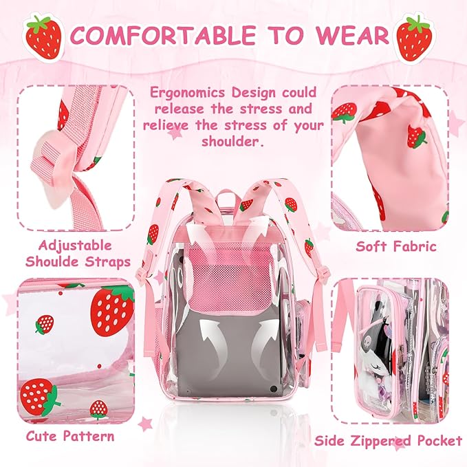 CAMTOP Clear Backpack Heavy Duty Transparent Bag See Through BookBag for Student School Work Festival Sport Travel (Clear Strawberry)