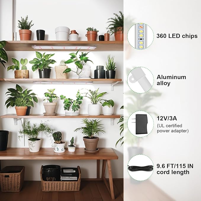 Wiaxulay 16in Grow Light Strip for Indoor Plants Seed Starting, 36W, 2 Pack | 6 Bars with 360 LEDs Full Spectrum Plant Lights, Auto Timer 6/12/16 Hrs, 3 Lighting Modes, 5 Dimmable Levels
