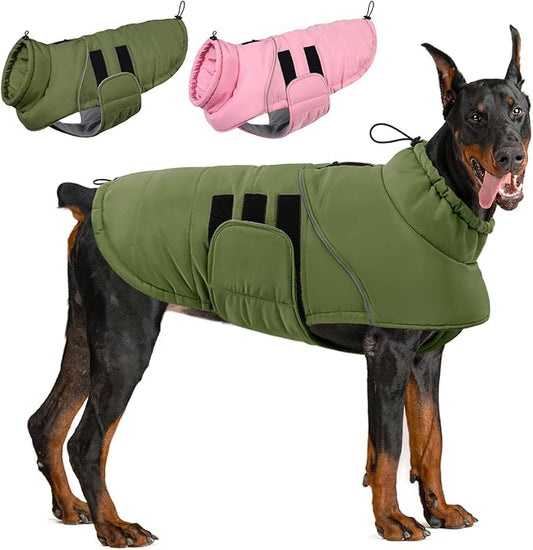 ASENKU Extra Warm Dog Coat - Winter Jacket with Fleece, Reflective, Adjustable, Zippered Leash Hole for Large Dogs (Green, 3XL)