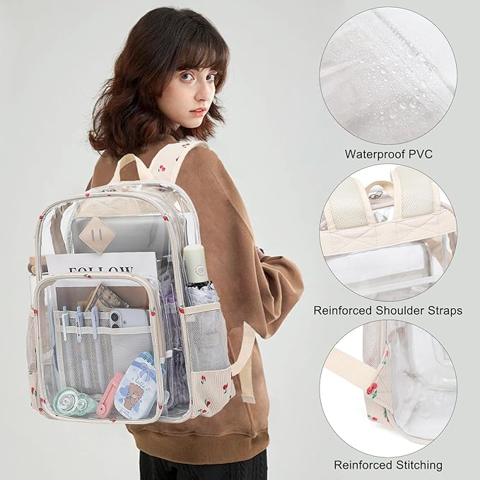 Clear Backpack for Girls Women School Bookbag Heavy Duty Transparent Backpacks (Corduroy Cherry)