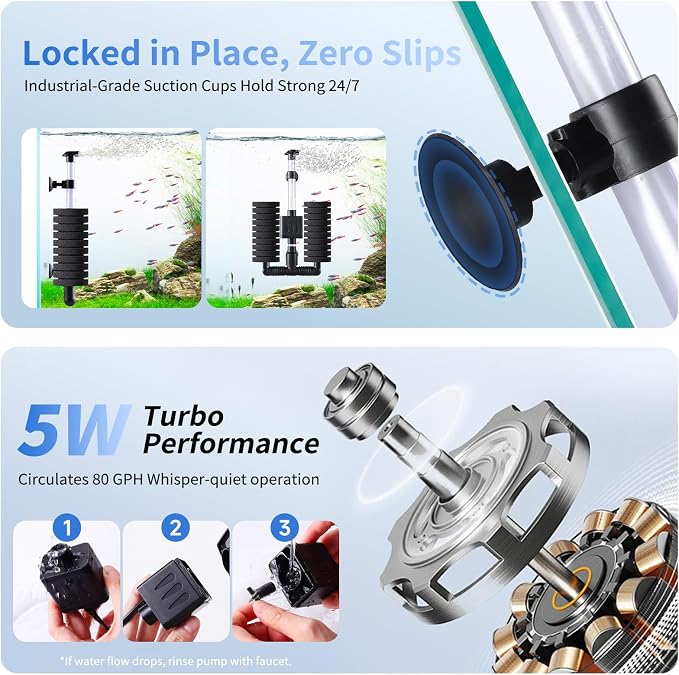 AQQA Electric Sponge Filter for Aquariums, Dual Bio & Mechanical Filtration | 5W 50 GPH Quiet Water Pump with Oxygenation & Water Circulation for 10-40 Gallon Freshwater & Saltwater Fish Tanks