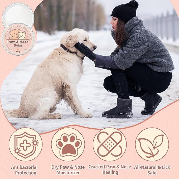 Dog Paw & Nose Balm for Dry Cracked Paws, Lick-Safe Natural Paw Pad Balm for Dogs & Cats, Moisturizing Protection from Snow, Salt & Hot Pavement, 60g