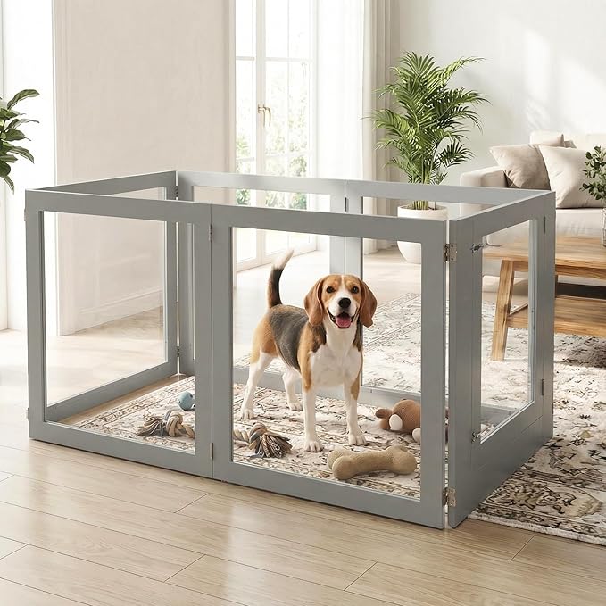 Heavy Duty Clear Acrylic Dog Playpen for Small/Medium Pets – 32" High Clear Pet Pen with Sturdy Metal Frame, Walk-in Kennel, Expandable Indoor & Outdoor Pet Play Yard (Grey, 2 Panel)