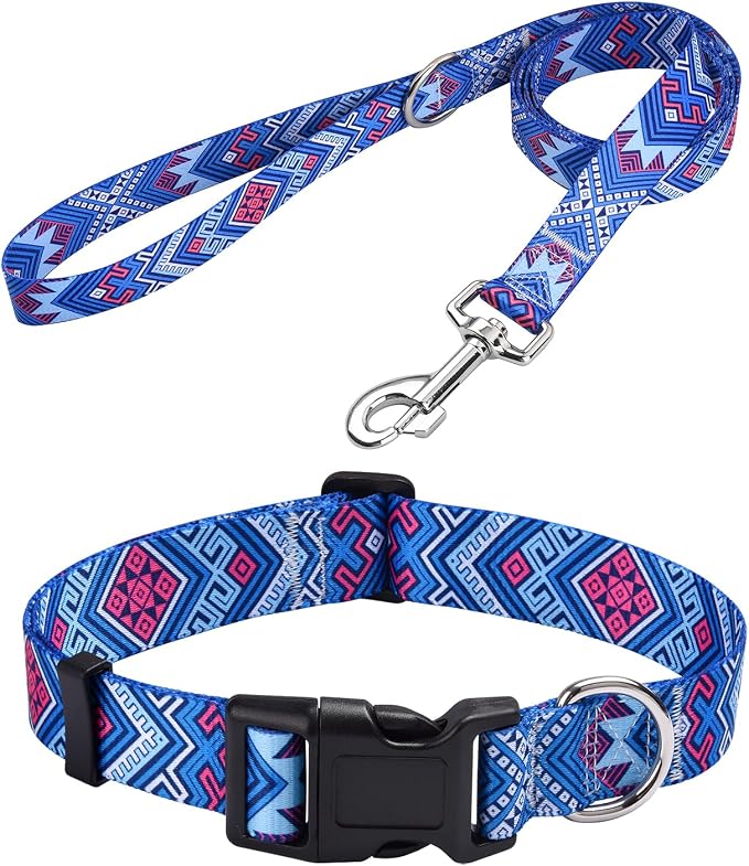 MarukoPet Dog Collar and Leash Set, Adjustable for Small Medium Large Dogs Puppy, Cute Design with Bohemia Floral Tribal Geometric Patterns Boys Girls Dog Collar(Blue Ethnic Style Set,M)