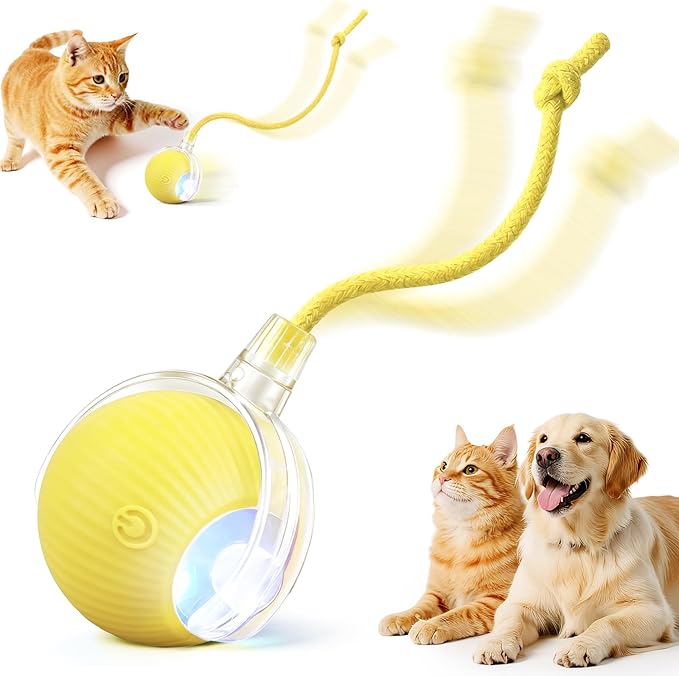 Smart Interactive Automatic Electric Rolling Moving Rechargeable Motion Activated Self Solo Play Electronic Stimulation Chase Teaser Ball Toy with Rope for Indoor Bored Adult Cat and Dog, Yellow