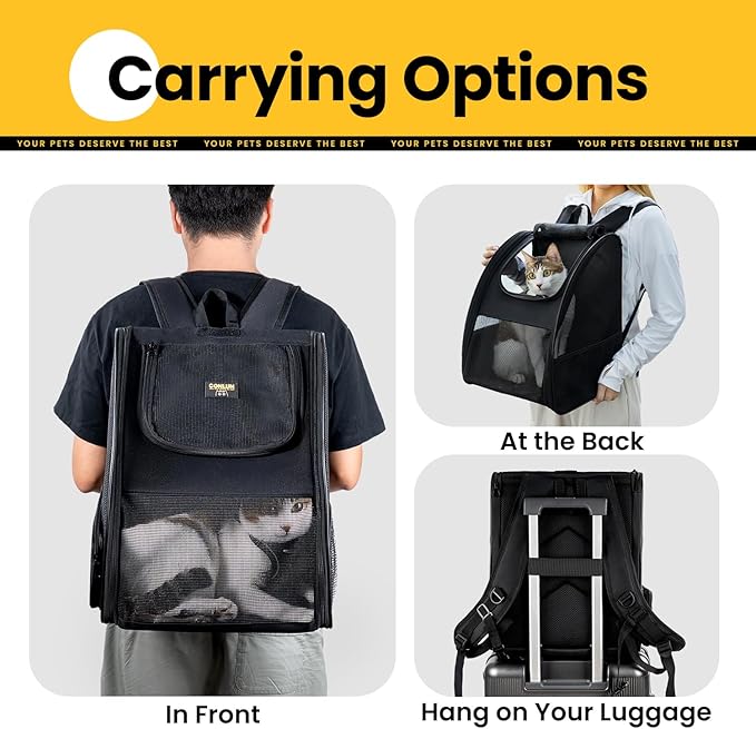 Conlun Cat Backpack Carrier for Small Dogs and Cats Fit Up to 15 Lbs,Small Dog Backpack, Foldable with 3-Side Mesh Windows, Pet Carrier for Travel & Hiking Friendly，Black