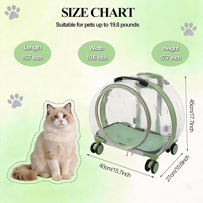 Cat Backpack Carrier, Transparent & Breathable Cat Carrier with Wheels, Large Space Bubble Pet Backpack for Kitty Dog Bunny Up to 20lbs, Multiple Carrying Options, Perfect for Traveling/Taking a Walk
