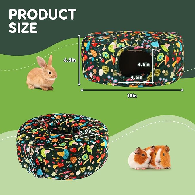 Guinea Pig Hideout & Tunnels Cozy House with Door Curtain Soft Bed for Small Pets/Hamsters/Sugar Gliders/Chinchillas - Blackish Green Mushroom