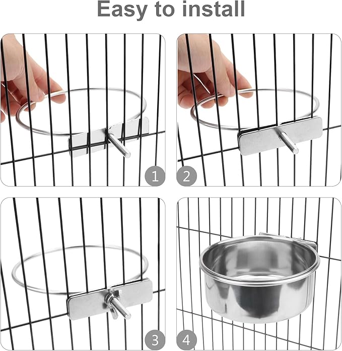 Pet Food Water Bowl with Clamp Holder Stainless Steel Coop Cup Hanging Feeder for Dog Bird Parrot Cat Rabbit (M)