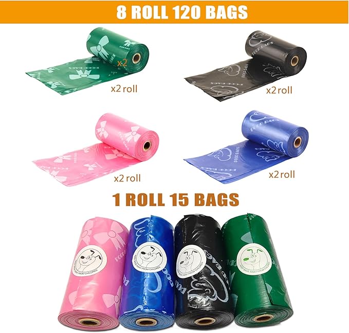 Biodegradable Pet Waste Bag Refill Roll, Heavy-Duty (120 Bags/8 Rolls/4 Colors) Unscented, Leak-Proof Design Eco-Friendly, Degradable Pet Waste Disposal Bags