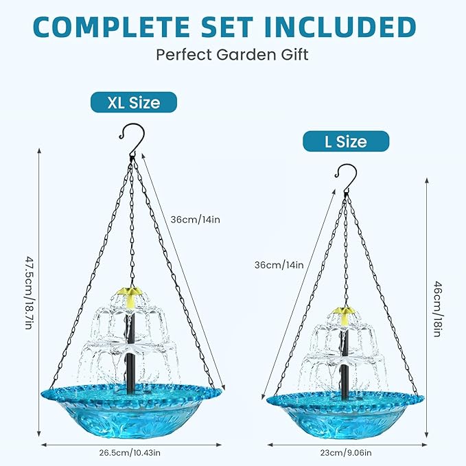 Solar Fountain for Bird Bath, Hanging Cascade Water Feature for Outdoor Garden & Yard Decor, Creates a Relaxing Flow that Attracts Birds (Blue(XL))