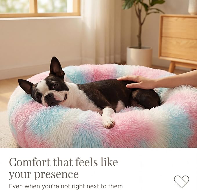 Calming Dog Bed for Medium Dogs Washable Donut 30 inches Anti-Slip Pet Bed,Round Fluffy Plush Faux Fur Cat Bed,Fits up to 45 lbs Pets,Multi Colored