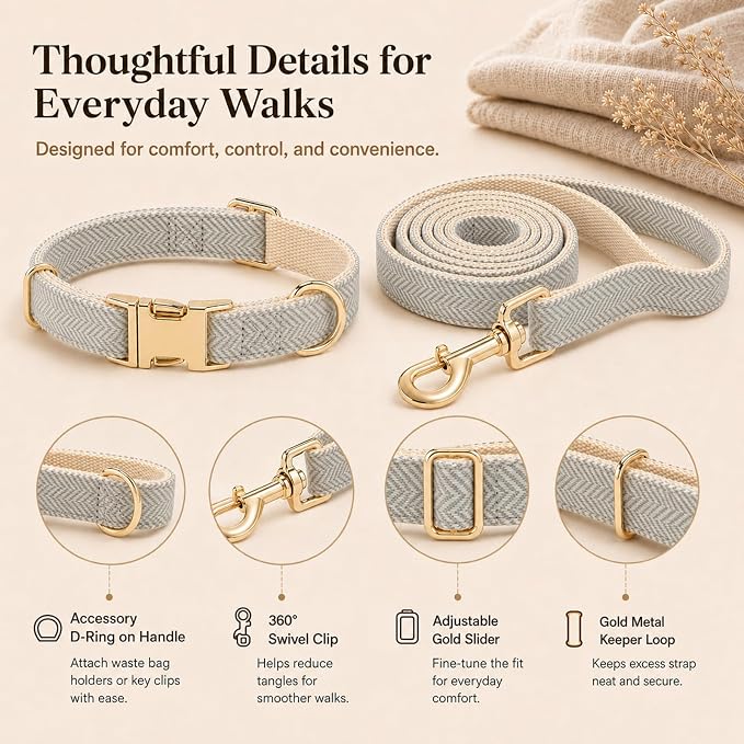Herringbone Tweed Dog Collar and Leash Set for Medium Dogs, Gray | Snag-free, no-rub design. Soft breathable cotton, gentle on fur. Adjustable durable matching combo for walks & outdoors.