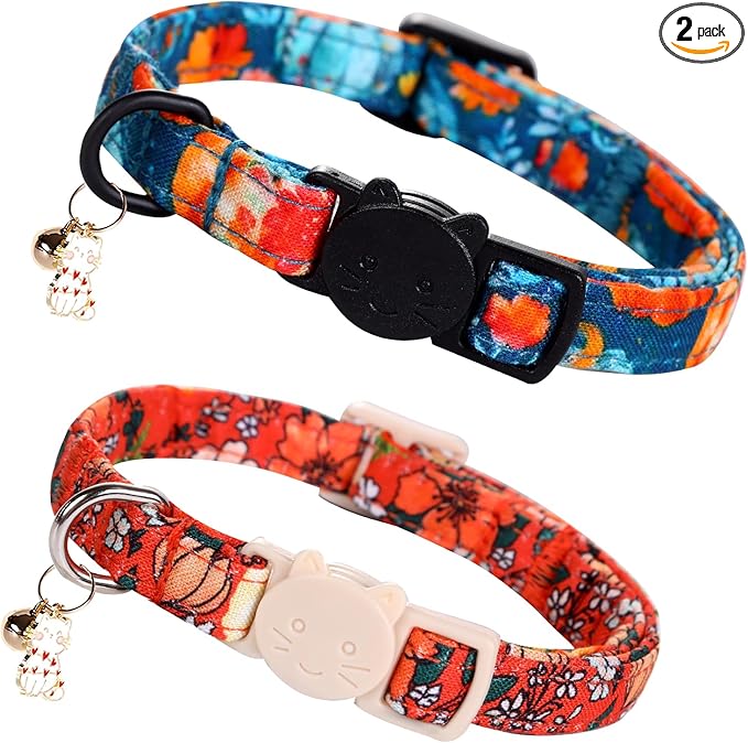 Elegant little tail Halloween Cat Collar-2 Pack Pumpkin Print Fall Cotton Breakaway Cat Collars with Bell Pendant Kitten Boy Girl Safety Adjustable Collar for Small Cats Puppy