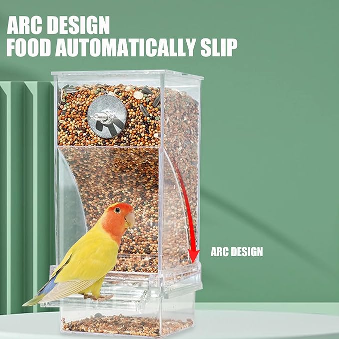 No Mess Automatic Bird Feeder, Acrylic Transparent Parrot Feeder Cage Accessories, Parrot Seed Food Feeder Container Cage Accessories for Small Medium Birds Parakeets Lovebirds (Transparent)