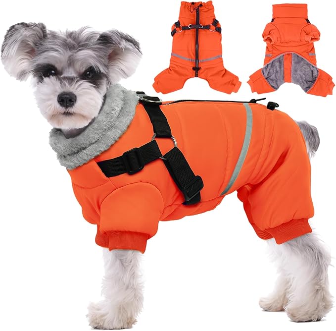 BRKURLEG Small Dog Winter Coat with Harness Built in, Orange Winter Dogs Jackets, Fullbody Dog Coat, Dogs Snowsuits Reflective Windproof Cold Weather Coats, Pet Warm Fleece Coats, S
