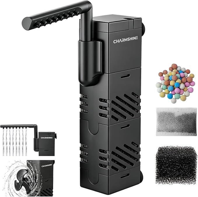 5-in-1 Aquarium Submersible Filter for 3-5 Gallon Fish Tank Ultra-Quiet Small Internal Aquarium Filter, Dual Suction Cups, Multi-Function Outlet, with Reusable Filter Media 3W 80GPH