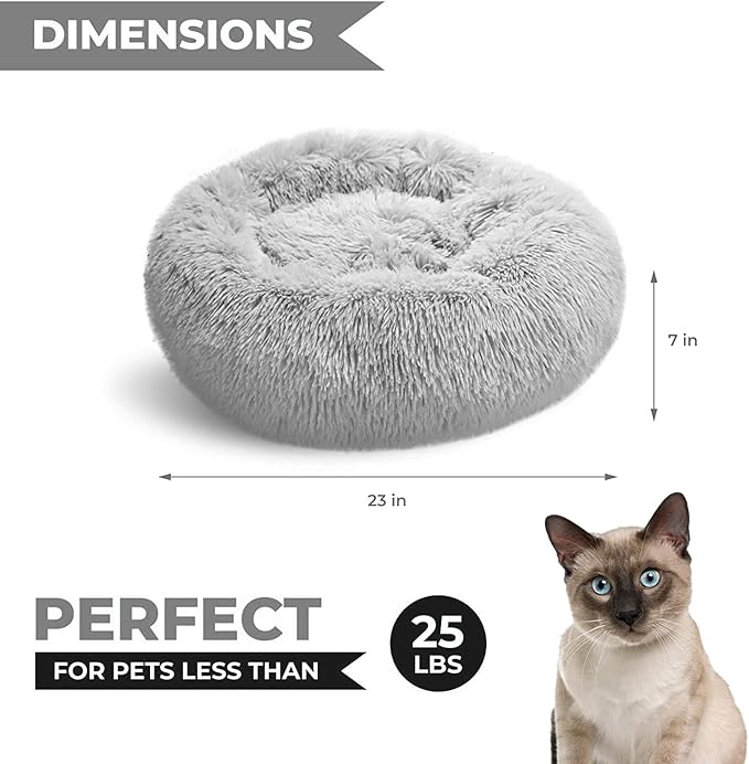 Whiskers & Friends Cat Beds for Indoor Cats, Fluffy Calming Donut Cat Bed, Small Dog Bed Washable - Orthopedic Soft Plush Pet Beds Sized for Kitten to Large Cats & Puppy to Small Dogs - Light Grey C