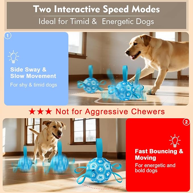 Interactive Dog Toys Dog Soccer Ball to Keep Them Busy,Durable Automatic Moving Jumping Dog Balls with Straps for Small/Medium/Large Dogs, USB Rechargeable,Not for Aggressive Chewers
