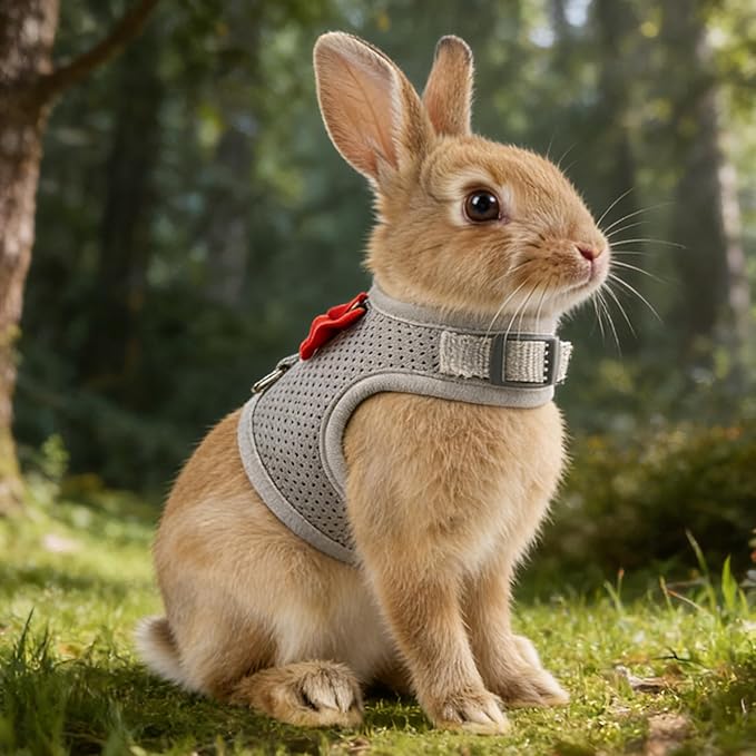 AIITLE Bunny Harness and Leash Set with Cute Bow, Soft Breathable Mesh Vest Harness for Rabbits Kitten Ferret Small Pig Puppy Walking Supplies Grey M