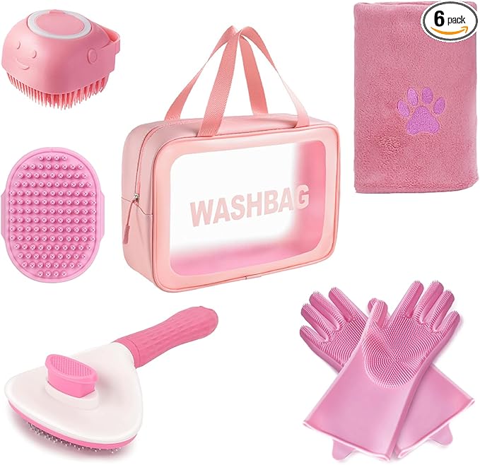 6PCS Pink Dog Washing Kit with Dog Brush, Shampoo Brush, Bath Scrubber,Washing Gloves, 39.7" × 20.5" Towel and Big Toiletries Bag.