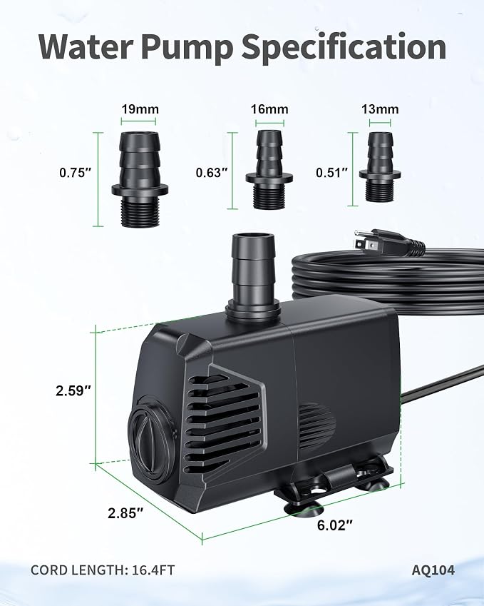 680GPH Submersible Pump(2400L/H, 55W), Ultra Quiet Fountain Pump with Over Heating Protection & Filter Sponge 8.5ft High Lift for Pond, Fish Tank, Aquarium, Hydroponics, Waterfall Q104