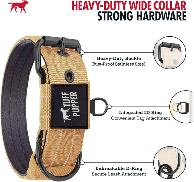 Tuff Pupper Heavy Duty Tactical Dog Collar | 1.5" Wide Ballistic Nylon | Reflective Stitching | Integrated ID Tag Holder | Stainless Steel Buckle | Padded Lining | Medium & Large Dogs (Tan, Large)