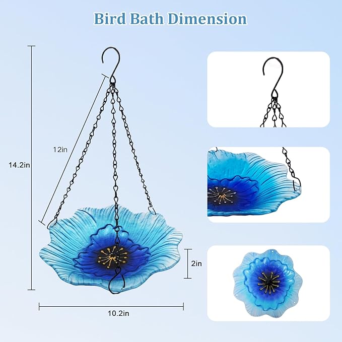 hogardeck 2 in 1 Floral Glass Bird Bath & Feeder - Hanging or Freestanding Outdoor Bird Bath with Sturdy 5-Pronged Base for Garden, Patio, Yard, Lawn Decor