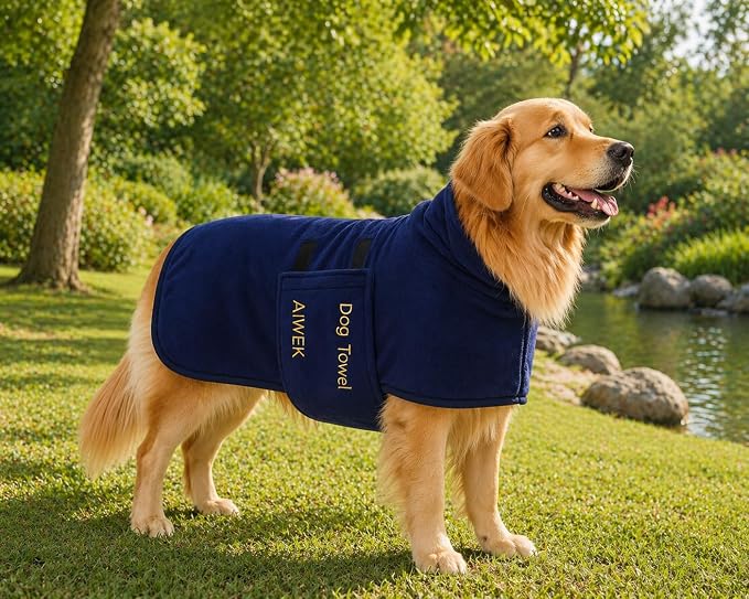 Dog Towel Dog Bathrobe, Microfiber Super Absorbent Pet Bathrobe, Quick Drying Robe for Dogs and Cats After Bath, Adjustable Collar & Belly Strap, Blue, XL