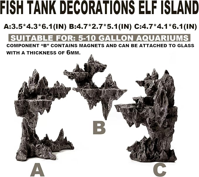 Allcolor Aquarium Rock Decor, 3-Piece Elf Island for 5-10 Gallon Tanks | Build a floating-island aquascape with three adjustable rock formations and a magnetic center piece.