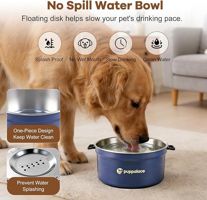 108oz No-Spill Stainless Steel Dog Water Bowl- Upgrade for Messy Drinkers, Splash Proof Design, Easy to Clean, Non-Slip Base, Large Capacity for Dogs and Cats (108oz, Blue)