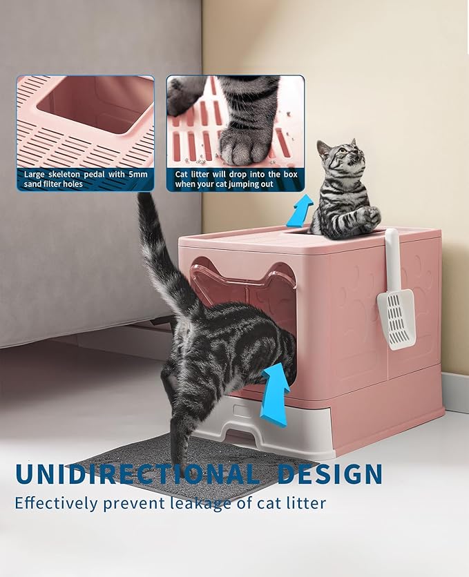 Medario Cat Litter Box with Litter Mat and Scoop, Large Covered Litter Box with Lid, Enclosed Kitty Box, Front Entry Top Exit, Odor Control, Easy to Clean (Pink)