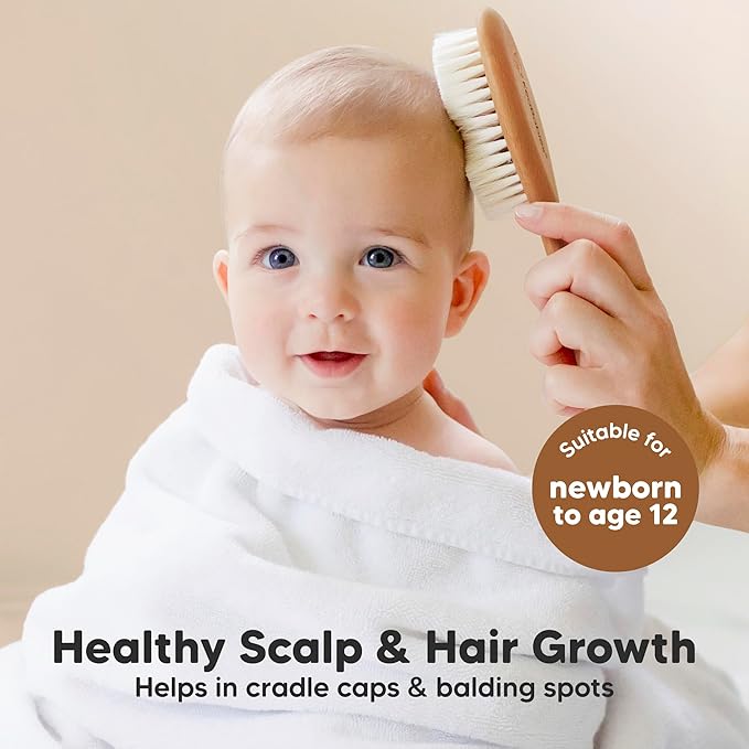 Baby Hair Brush Set for Newborns - Soft Goat Bristle Wooden Baby Brush and Comb Set Newborn Grooming Kit for Cradle Cap, Durable & Gentle, Boy, Girl Infant Essentials Care Kit (Regular, Golden Oak)