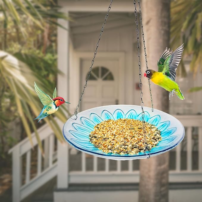 Hanging Bird Baths Outdoor Glass Birdbaths Garden Bird Feeder for Yard Lawn Decor Blue Flower