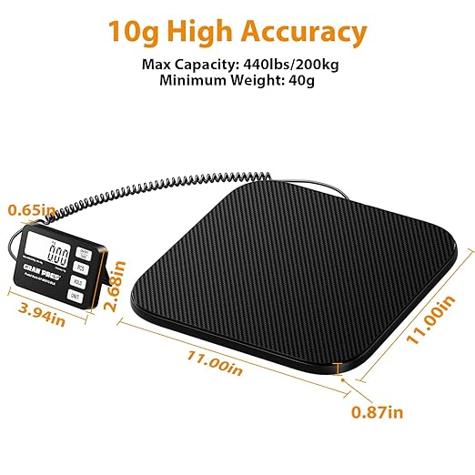 GRAM PRES Shipping Scale 440 lbs/10g Digital Postal Scale with LCD Display, Hold/Tare/Pcs Functions for Packages/Luggage/Post Office/Dog, Battery & USB Cable Included