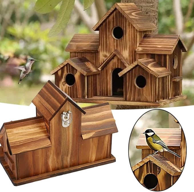 6 Hole Handmade Bird House, Bird Houses for Outside, Hummingbird House, Hanging Nest Box for Birds, Outdoor Wooden Birdhouses for Outside, Backyard, Garden, Patio, Nature Lovers Gift (1pcs)