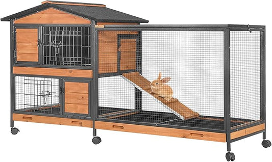 Large Rabbit Hutch Indoor Outdoor, Wooden Rabbit Cage with Chewproof Metal Frame, 62'' Mobile Bunny Cage with Wheels, Pull-Out Tray, Waterproof Roof, Guinea Pig Habitat (Orange)