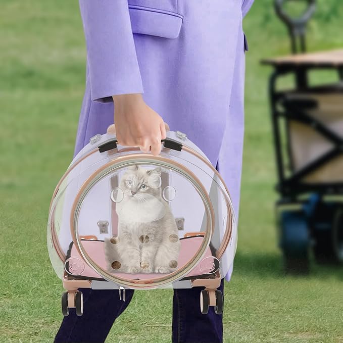 Cat Carrier with Wheels, Breathable Cat Rolling Carrier with Telescopic Handle, Bubble Cat Backpack Carrier, Clear Pet Travel Bag for Small Dogs Pets, up to 19lbs, 15.7" x 10.6" x 17.7" (Pink)