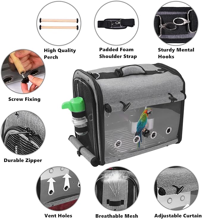 Bird Carrier Bag with Stand, Lightweight Backpack for Parrot, Portable Cockatiel Travel Cage with Accessories, Pet Transparent Breathable Carrier