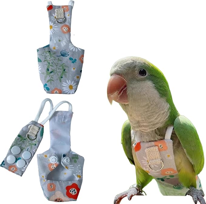 Snap-Closure Parrot Diaper Flight Suit for Cockatiels, Lovebirds & Medium Birds Cotton Washable Escape-Proof Harness with Leash Set(Golden Sun Model)