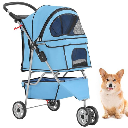 BestPet 3 Wheels Pet Stroller Dog Stroller Cat Cage Jogger Stroller Cats Travel Folding Carrier Waterproof Puppy Stroller with Cup Holder & Removable Liner,Blue