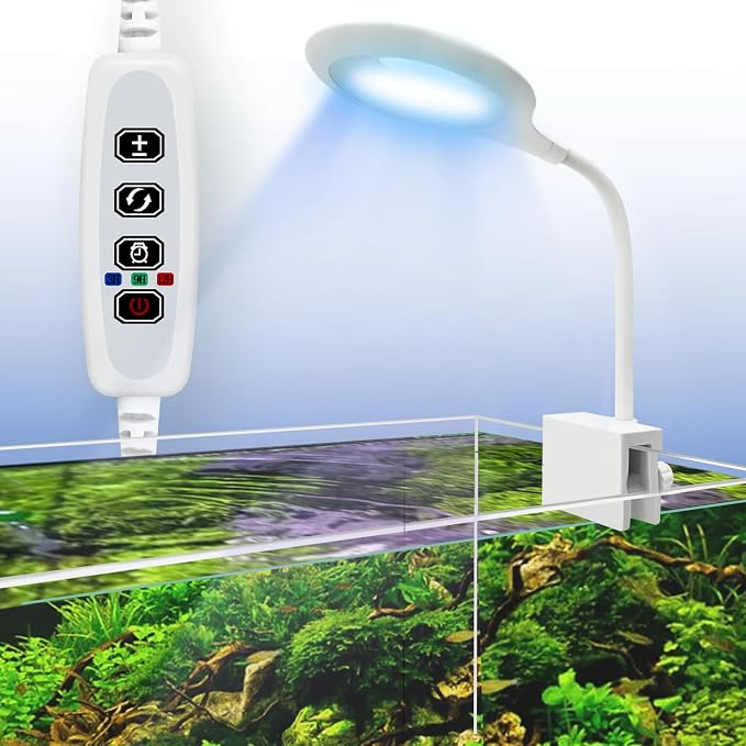 Clip On Aquarium Light with Timer,Aquarium Lights with 3 Color Light Switching for Under 8 Gal Fish Tank,USB Full Spectrum Aquarium Light with Adjust Brightness