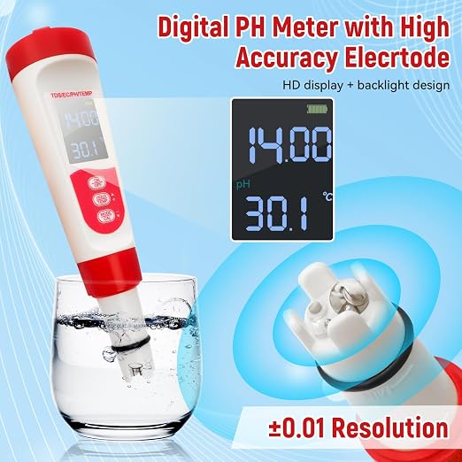 Digital Pool Water PH Tester - Multifunctional 4 in 1 PH Meter for Water/TDS/EC/Thermometer, TDS EC Meter Digital Water Tester with LCD Display for Drinking Water Swimming Pools Aquariums Hydroponics