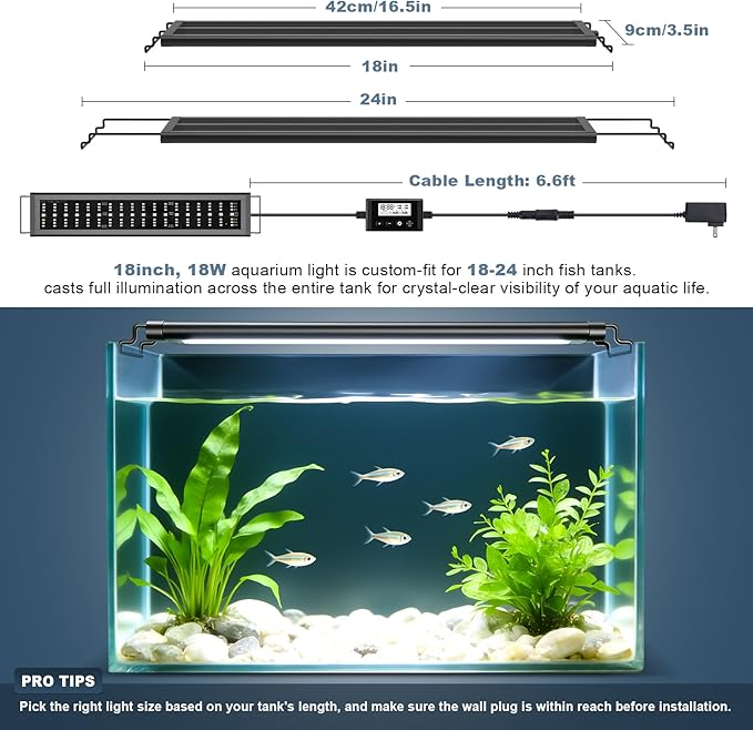 LED Aquarium Light Full Spectrum Fish Tank Light with RGB Brightness/Color Stepless Adjustment, 24/7 Day-Night Cycle Mode, Auto On/Off Timer, IP68 Waterproof (18W for 18'' - 24'' Tank)