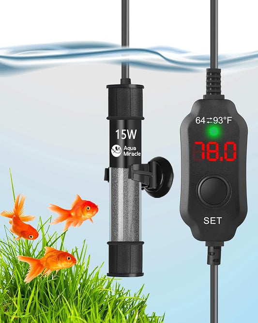 AquaMiracle Aquarium Heater 15W Fish Tank Heater for 1-3 Gal Tanks, LED Digital Display Thermostat Turtle Heater with Out-of-Water Auto Shut-Off, Overheat Protection & Memory Function